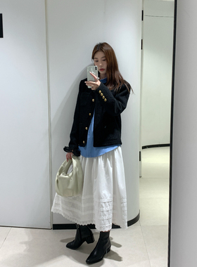 Halo Luu 白色蛋糕裙女春2026新款韩系纯棉蕾丝花边长裙a字半身裙