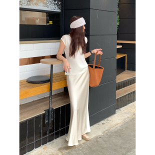 优雅气质遮胯醋酸半身裙 杏色缎面鱼尾裙女春夏2026新款 Halo Luu