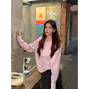 Halo Luu 粉色不规则衬衫女春季新款上衣宽松休闲层次感圆领衬衣