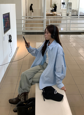 Halo Luu蓝色衬衫女春季新款韩系休闲纯棉宽松慵懒风外套长袖衬衣