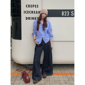 Halo 深蓝色宽松直筒显瘦复古阔腿裤 Luu低腰原色牛仔裤 女春秋新款