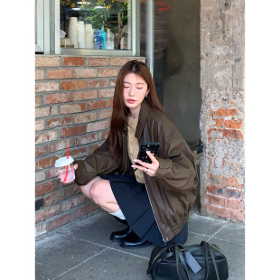 韩系宽松高级感机车夹克上衣 2026新款 Halo Luu棕色皮衣外套女春季