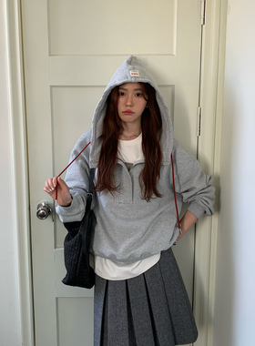 Halo Luu灰色连帽卫衣女早春新款韩系休闲慵懒风松弛感半拉链外套