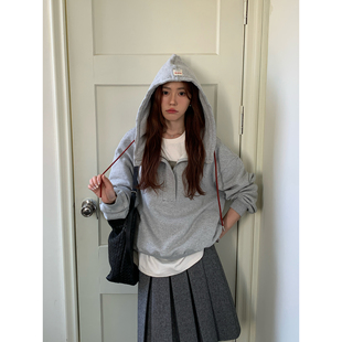 Halo Luu灰色连帽卫衣女早春新款韩系休闲慵懒风松弛感半拉链外套