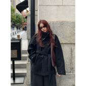 黑色牛角扣羊毛大衣女冬新款 Halo Luu金敏喜同款 收腰立领毛呢外套