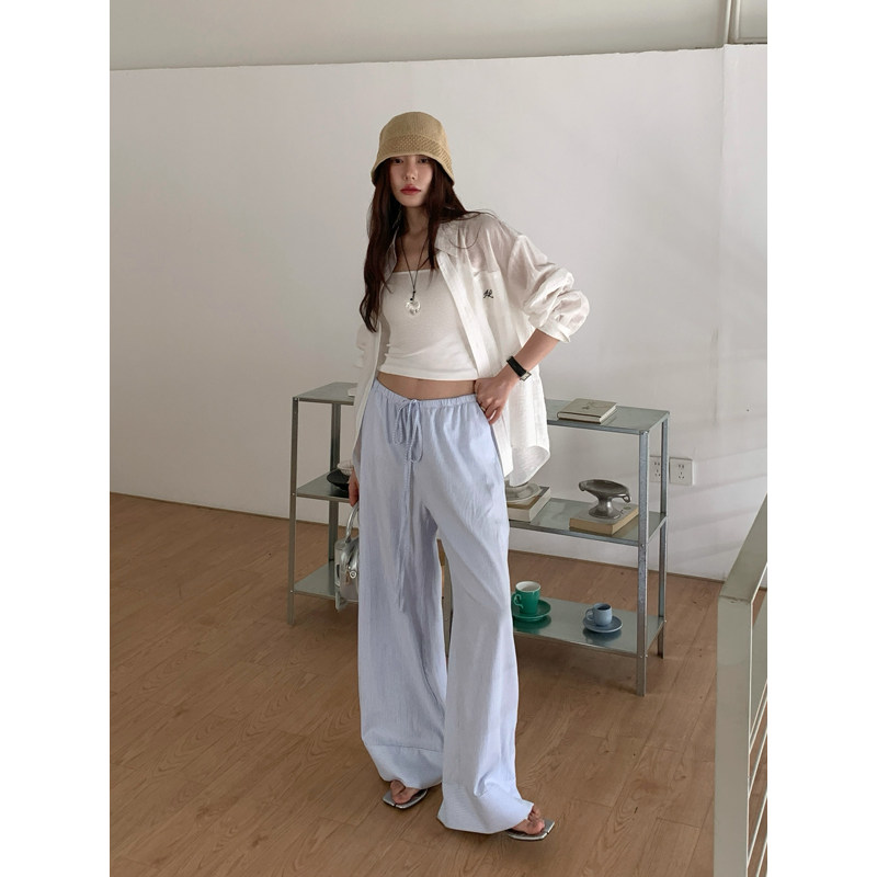 Halo Luu蓝色条纹阔腿休闲裤女夏季宽松裤子直筒薄款慵懒防晒长裤,女装/女士精品,休闲裤,淘宝优惠券,粉丝福利购,淘宝优惠卷