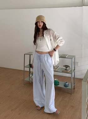 Halo Luu蓝色条纹阔腿休闲裤女夏季宽松裤子直筒薄款慵懒防晒长裤