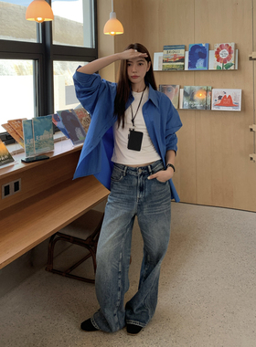 Halo Luu复古蓝色阔腿牛仔裤女春秋宽松裤子水洗松弛感高腰直筒裤