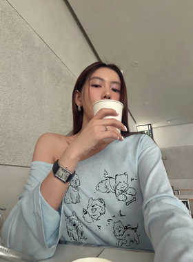 Halo Luu 蓝色斜肩罩衫女夏季新款长袖上衣薄款小狗印花防晒T恤