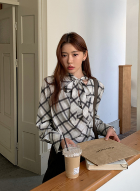Halo Luu 黑白格子荡领衬衫女春季新款飘带法式气质宽松衬衣