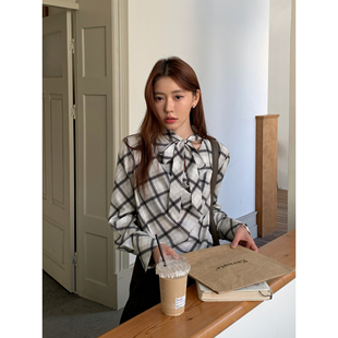Halo Luu 黑白格子荡领衬衫女早春新款飘带法式气质宽松衬衣