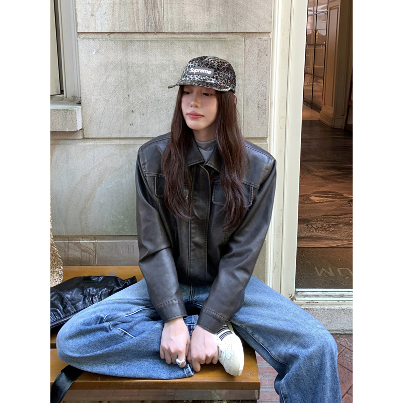Halo Luu美式痞帅棕色皮衣外套女开春韩系洗褪做旧复古短款皮夹克