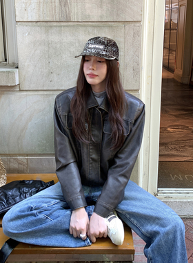 Halo Luu美式痞帅棕色皮衣外套女春秋韩系洗褪做旧复古短款皮夹克