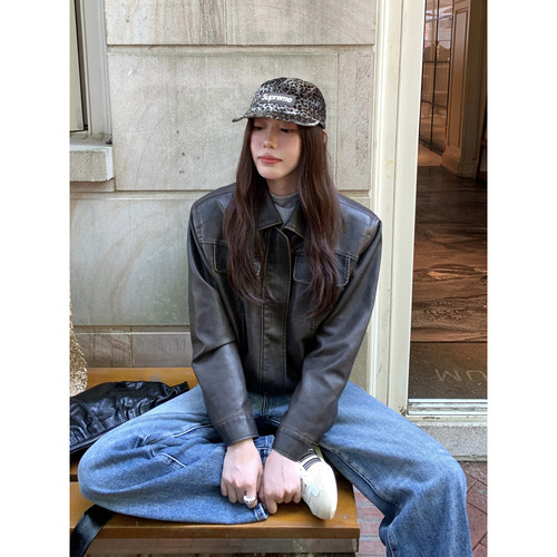 HaloLuu美式痞帅棕色皮衣夹克