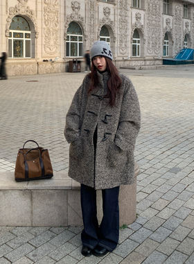 Halo Luu 灰色牛角扣羊毛大衣女冬加厚高级感中长款立领毛呢外套