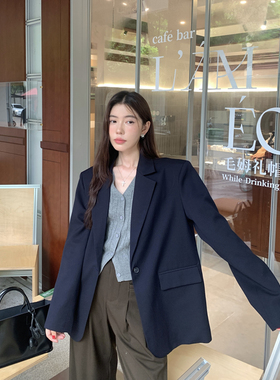 Halo Luu 藏蓝色西装外套女春季新款韩版宽松休闲高级设计感西服