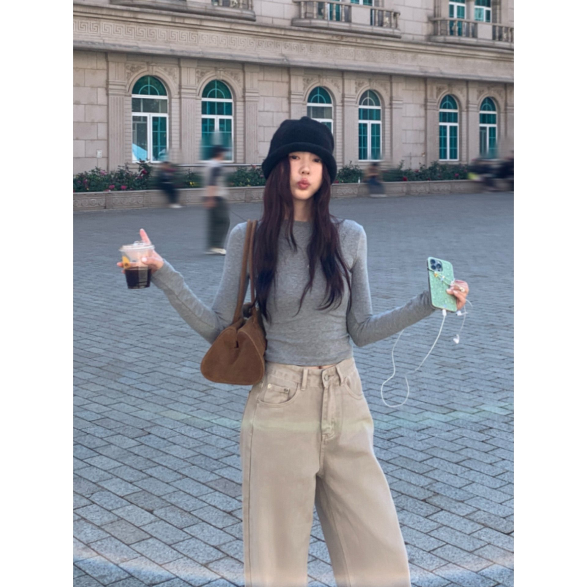 Halo Luu 灰色长袖t恤女新款上衣韩系正肩修身显瘦圆领内搭打底衫