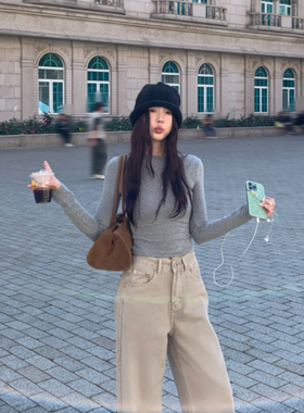 Halo Luu 灰色长袖t恤女新款上衣韩系正肩修身显瘦圆领内搭打底衫