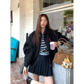 撞色拼接半身裙miu系学院风短裙 新款 Halo Luu藏青色百褶裙女春季