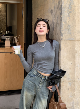 Halo Luu 灰色长袖t恤女春季新款小众正肩修身设计感打底衫短上衣