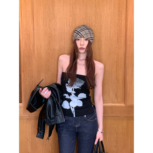 HaloLuu黑色玫瑰印花抹胸女