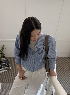 Halo Luu蓝色条纹衬衫女秋季2025新款上衣宽松气质高级感长袖衬衣