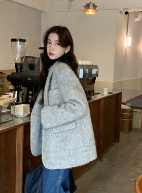 Halo Luu灰色毛呢西装外套女冬巨好看夹棉加厚羊毛高级感呢子大衣