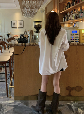 Halo Luu高级感白色衬衫女秋季上衣大版宽松慵懒风纯棉中长款衬衣