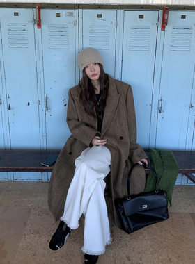 Halo Luu 棕色人字纹羊毛西装大衣女秋冬复古高级感长款毛呢外套