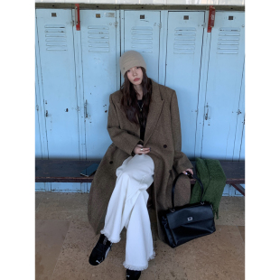 复古高级感长款 Halo 大衣女春季 棕色人字纹羊毛西装 毛呢外套 Luu