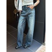 子水洗松弛感直筒裤 女春秋宽松裤 Luu复古蓝色猫须阔腿牛仔裤 Halo
