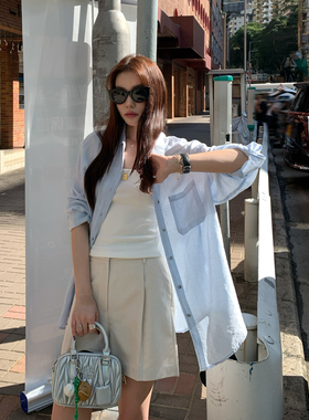 Halo Luu蓝色防晒衬衫女夏季薄款开衫宽松慵懒风外套垂感长袖衬衣