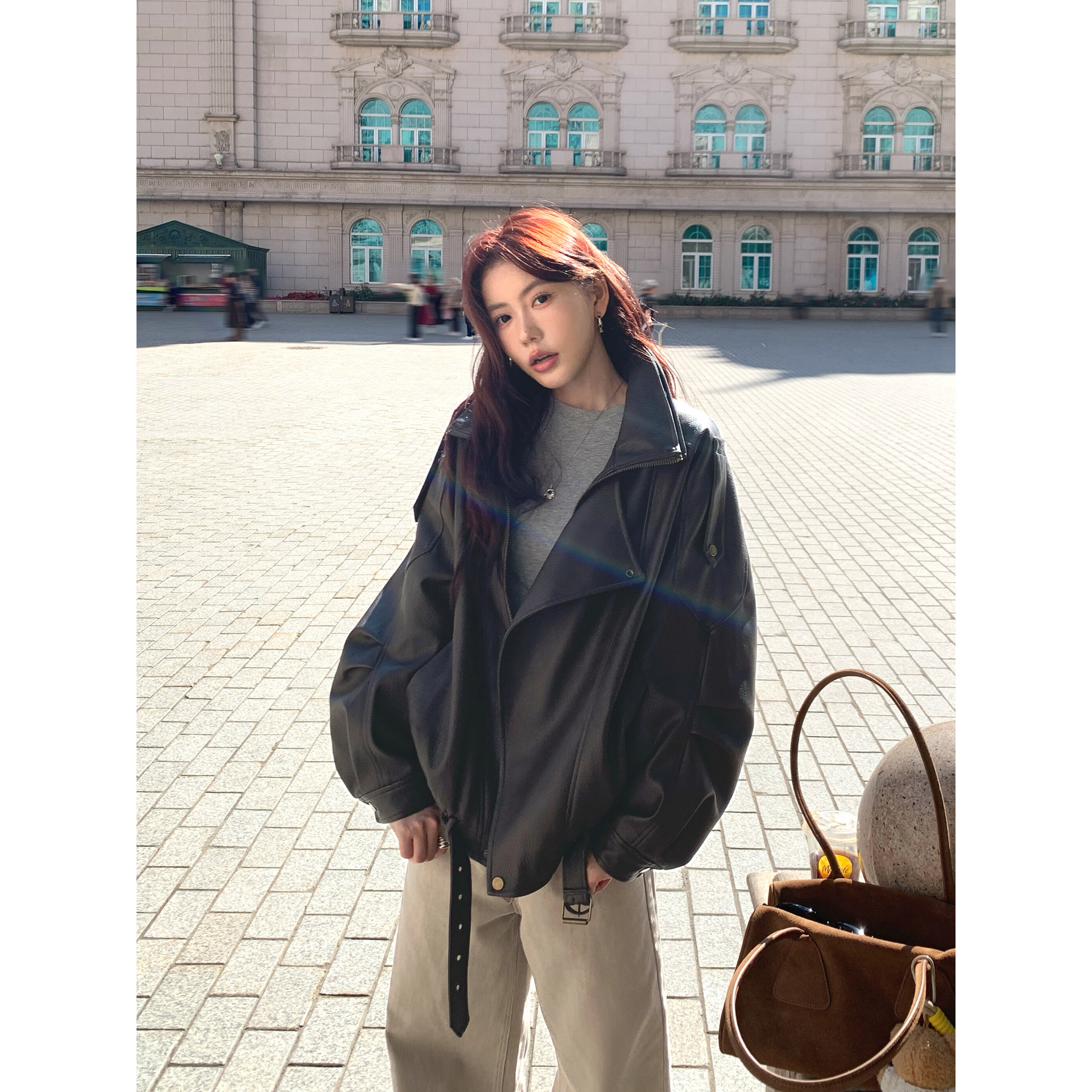 Halo Luu棕色皮衣外套女秋季2025新款重工复古立领机车皮夹克上衣