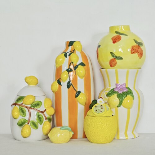 外贸孤品 水果系列柠檬手绘花瓶、摆件、花盆、烛台 收纳 储物罐
