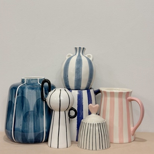 外贸出口 孤品 手绘  条纹系列陶瓷花瓶 花盆 烛台 摆件