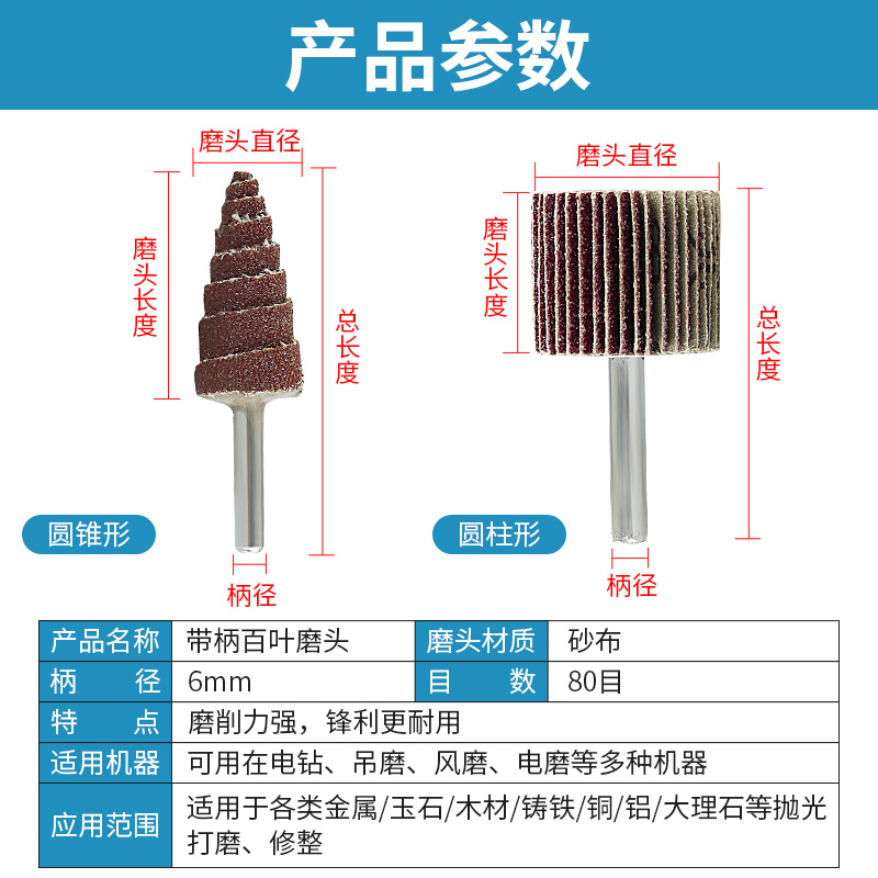 带柄百叶轮磨头百页轮砂布轮金属除锈木材抛光砂纸打磨头圆柱锥形