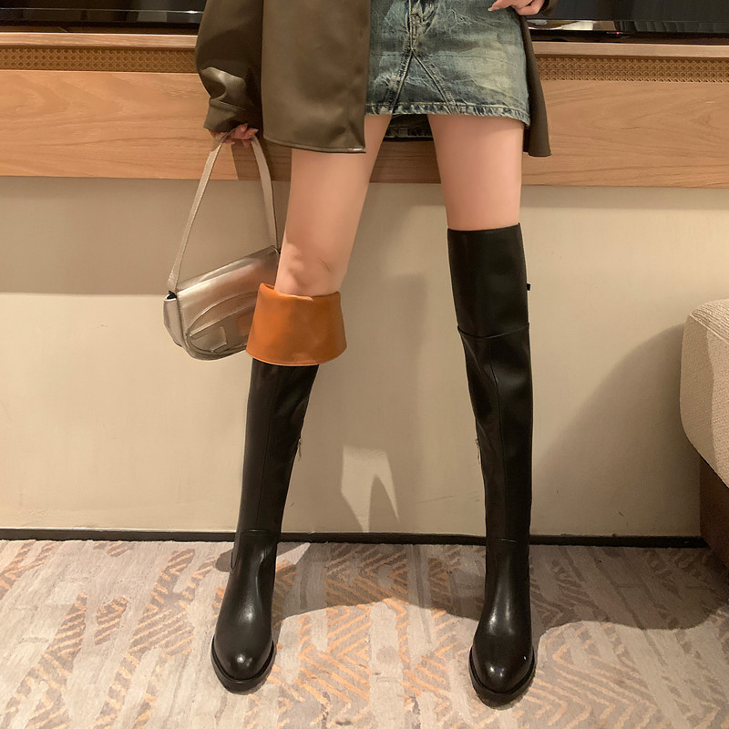 亦川女鞋~两穿过膝长靴圆头粗跟翻领长筒靴显瘦真皮美拉德骑士靴