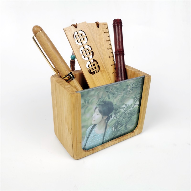 方形实木相框照片竹笔筒 定制毕业纪念木质办公室文具收纳盒笔桶
