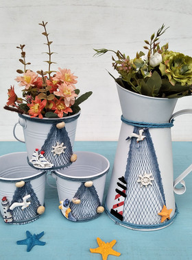 地中海风铁皮咖啡壶花筒桌面盆景