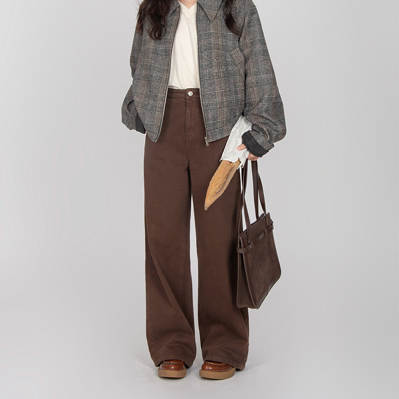 Northage秋冬季纯棉深棕色直筒日杂简约高腰基础通勤休闲长裤女
