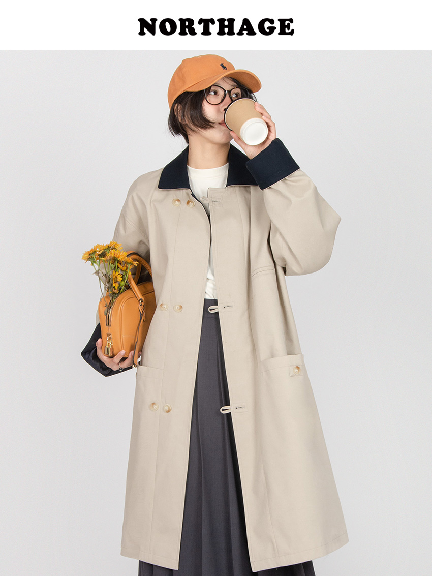 翻领中长款韩版盘扣设计风衣