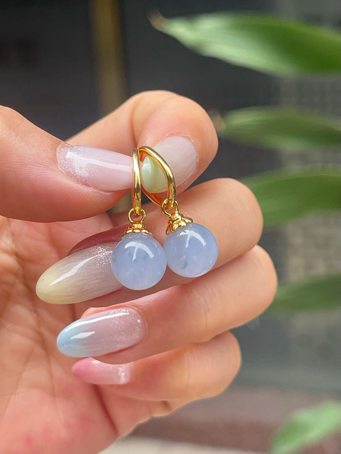 天然缅甸翡翠冰紫圆珠耳包耳扣18K金镶珠子耳环耳坠珠卡10.1