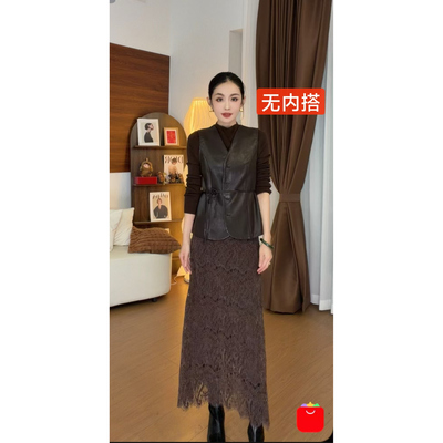 现9.16+「跑单限购.不褪不换」皮质V领马甲蕾丝半裙复古套装C8821