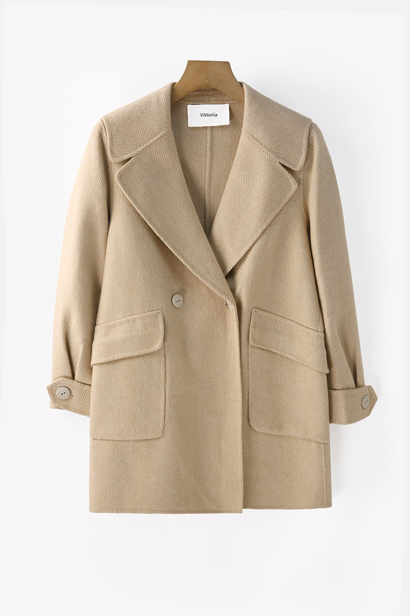 vk秋冬季中长款纯羊毛大衣女休闲条纹开衫小个子双面毛呢外套长袖