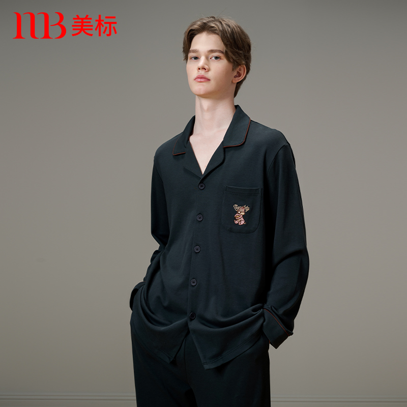 美标男睡衣全棉针织长袖微弹套装