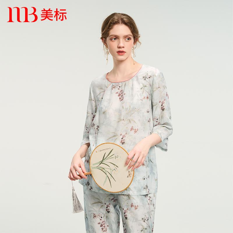 美标春七分袖莱赛尔亚麻睡衣套女