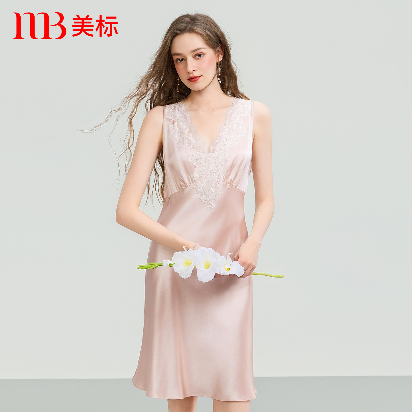美标新款无袖真丝睡裙女夏桑蚕丝甜美蕾丝修身睡衣性感纯欲家居服