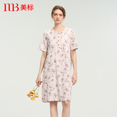 美标新款短袖纯棉睡裙女夏梭织全棉质睡衣薄款甜美水墨印花家居服