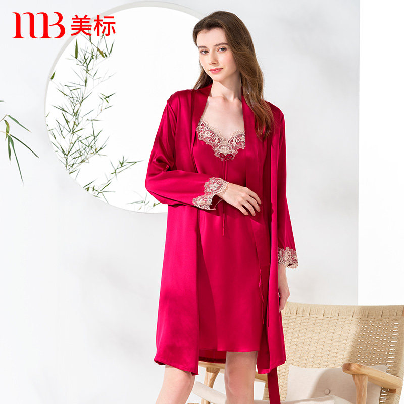 美标春夏真丝睡衣两件套女本命年红色睡袍家居服性感吊带睡裙晨袍