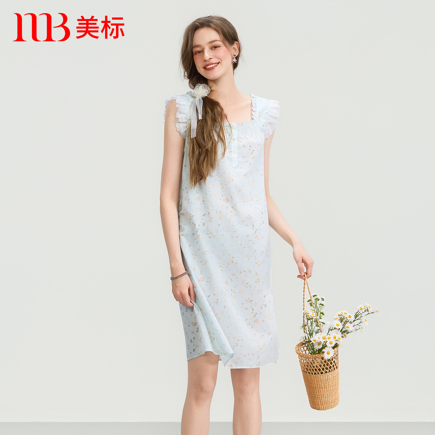 美标梭织纯棉夏季甜美风无袖睡裙图片